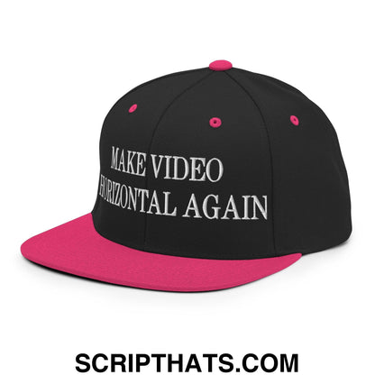 Make Video Horizontal Again Embroidered Flat Bill Brim Snapback Hat Black Neon Pink