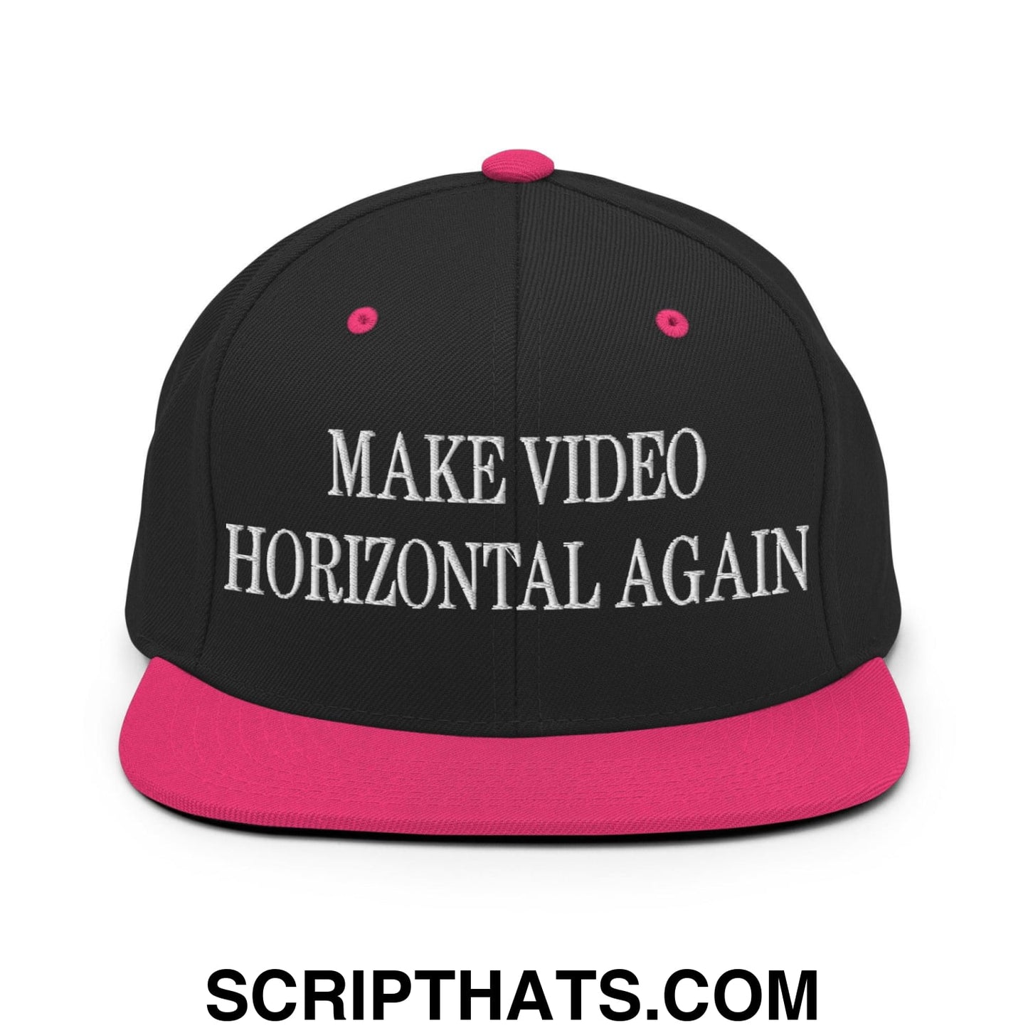 Make Video Horizontal Again Embroidered Flat Bill Brim Snapback Hat Black Neon Pink