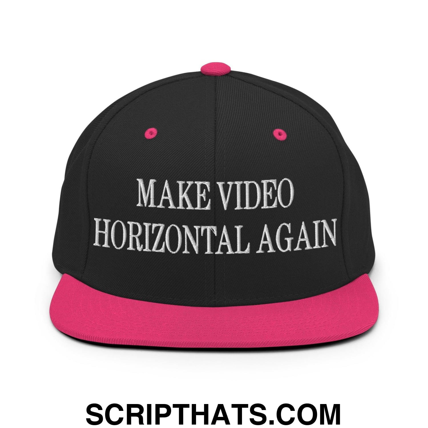 Make Video Horizontal Again Embroidered Flat Bill Brim Snapback Hat Black Neon Pink