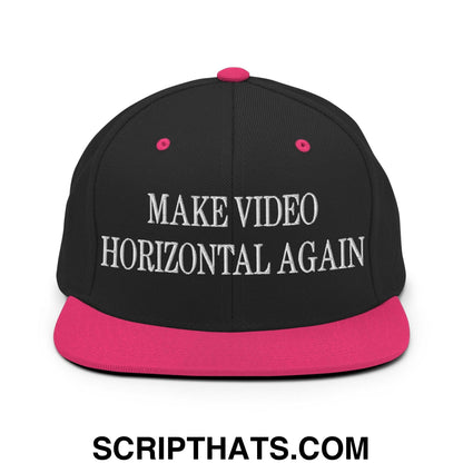 Make Video Horizontal Again Embroidered Flat Bill Brim Snapback Hat Black Neon Pink