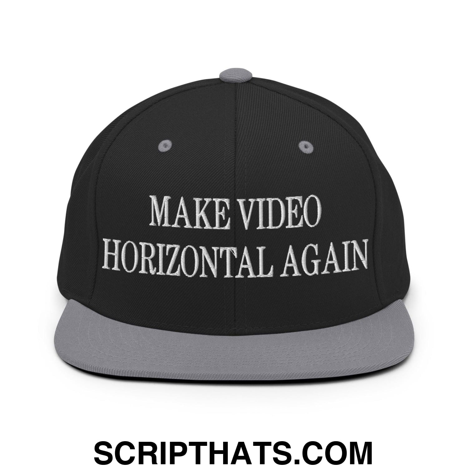 Make Video Horizontal Again Embroidered Flat Bill Brim Snapback Hat Black Silver