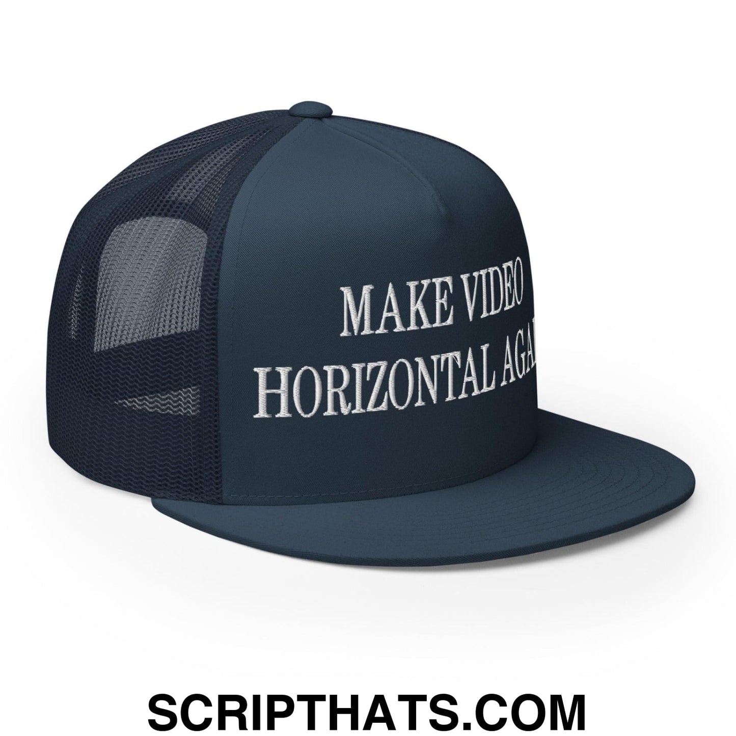 Make Video Horizontal Again Embroidered Mesh Flat Bill Brim Trucker Hat Navy