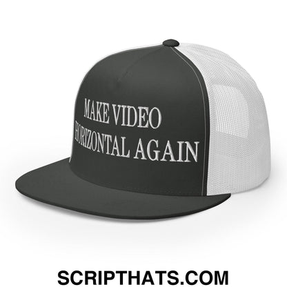 Make Video Horizontal Again Embroidered Mesh Flat Bill Brim Trucker Hat Charcoal White