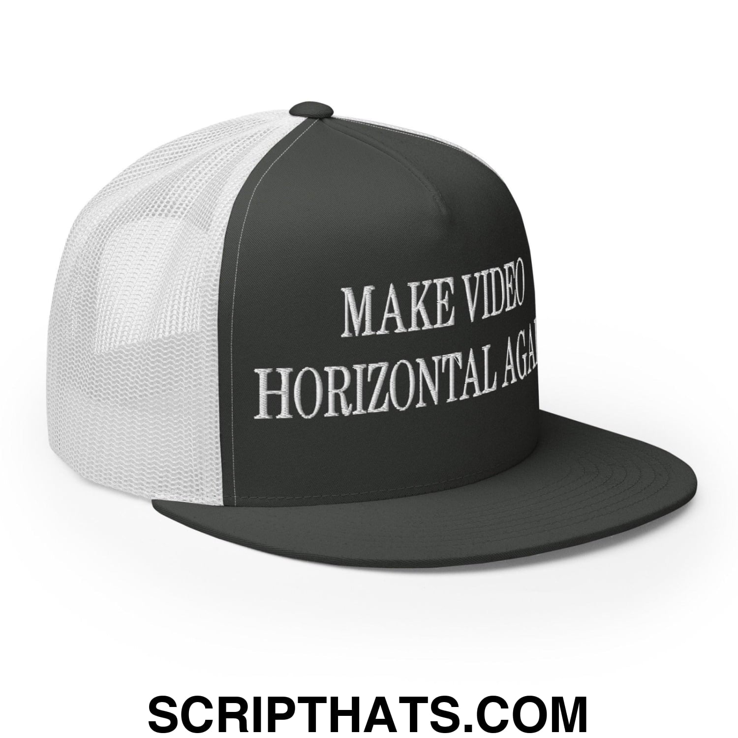 Make Video Horizontal Again Embroidered Mesh Flat Bill Brim Trucker Hat Charcoal White
