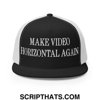 Make Video Horizontal Again Embroidered Mesh Flat Bill Brim Trucker Hat Black White