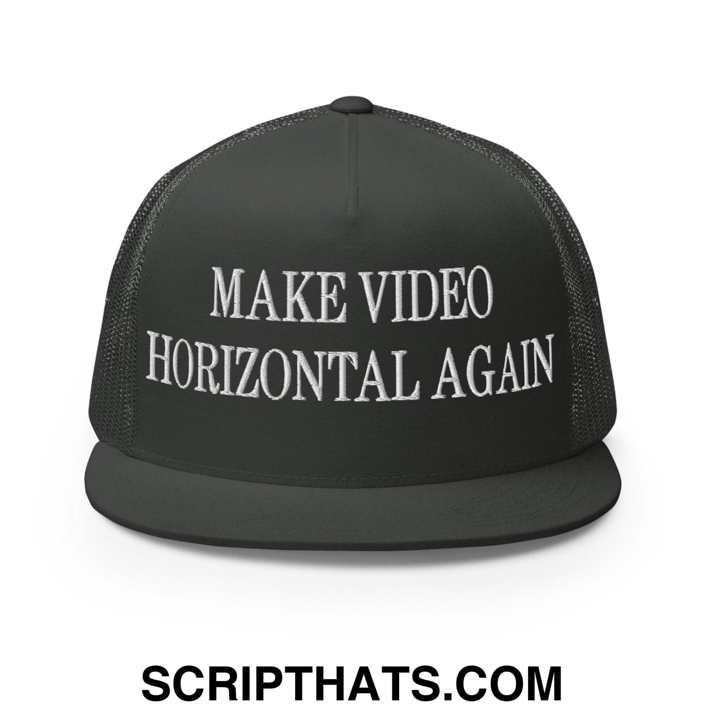 Make Video Horizontal Again Embroidered Mesh Flat Bill Brim Trucker Hat Charcoal