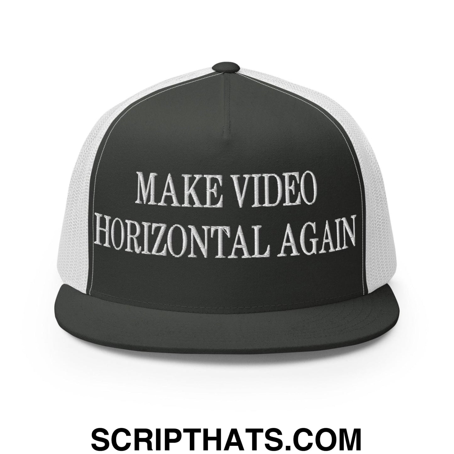 Make Video Horizontal Again Embroidered Mesh Flat Bill Brim Trucker Hat Charcoal White