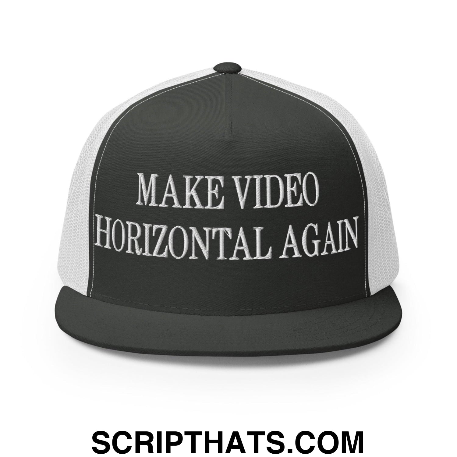Make Video Horizontal Again Embroidered Mesh Flat Bill Brim Trucker Hat Charcoal White