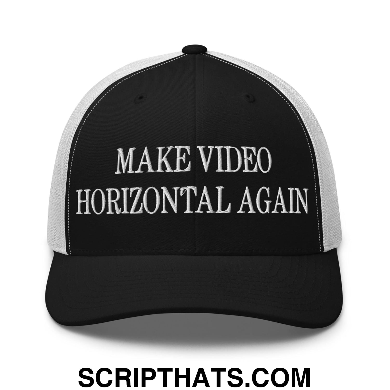 Make Video Horizontal Again Embroidered Mesh Trucker Hat Black White