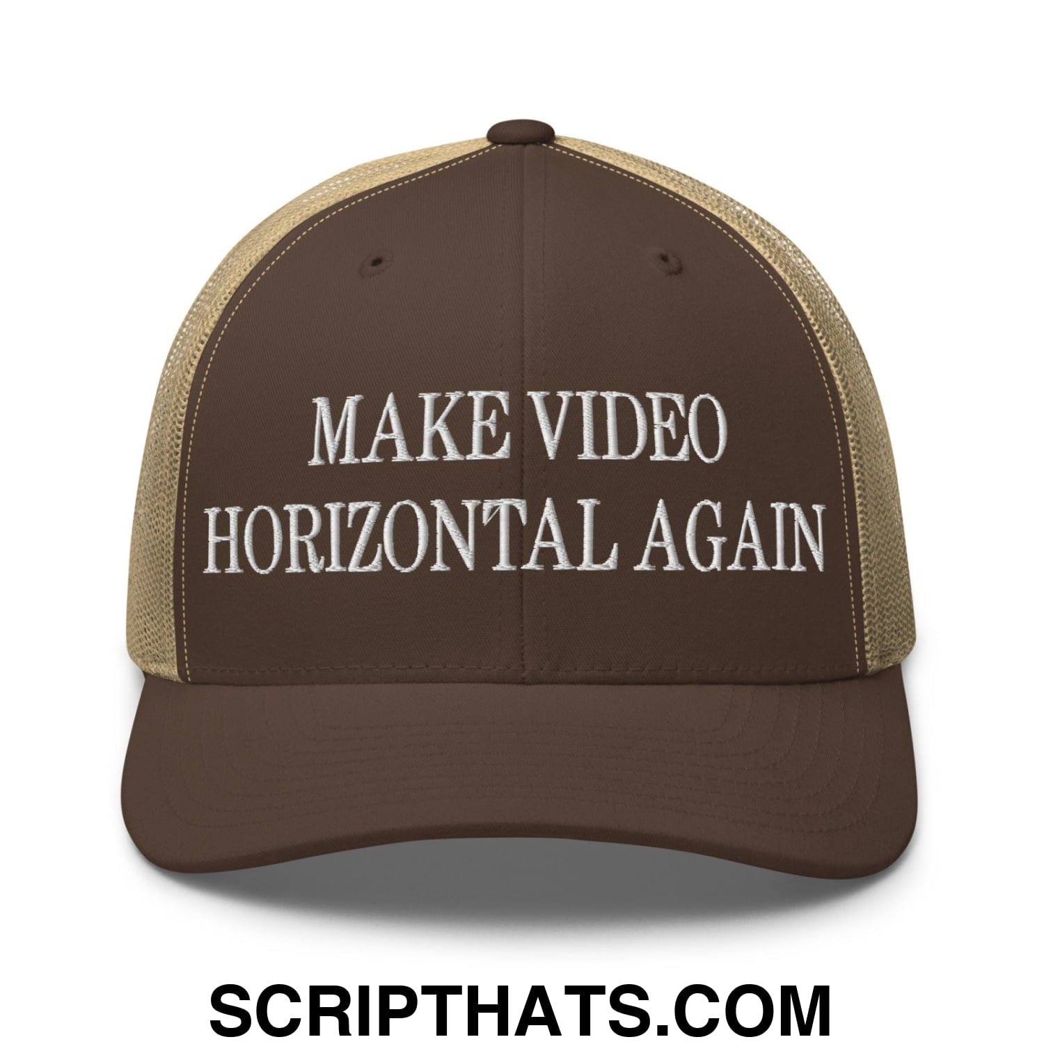 Make Video Horizontal Again Embroidered Mesh Trucker Hat Brown Khaki