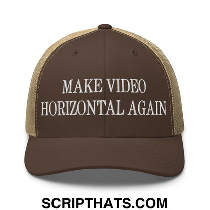 Make Video Horizontal Again Embroidered Mesh Trucker Hat Brown Khaki