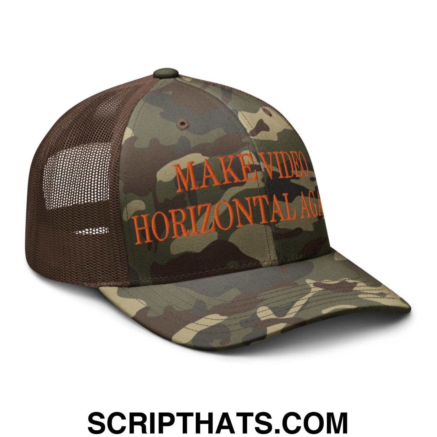 Make Video Horizontal Again Embroidered Orange Camo Trucker Hat Camo Brown