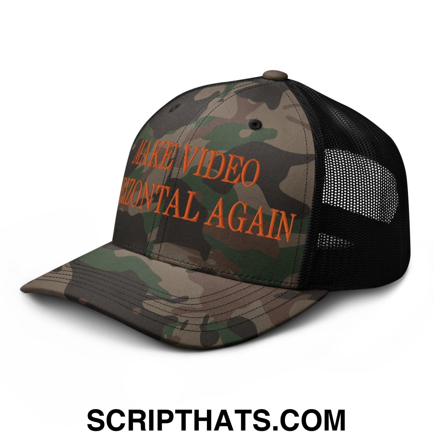 Make Video Horizontal Again Embroidered Orange Camo Trucker Hat Camo Black