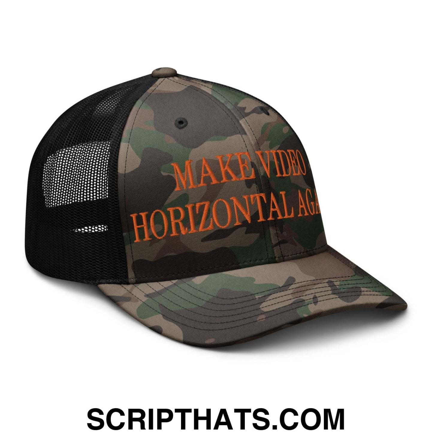 Make Video Horizontal Again Embroidered Orange Camo Trucker Hat Camo Black