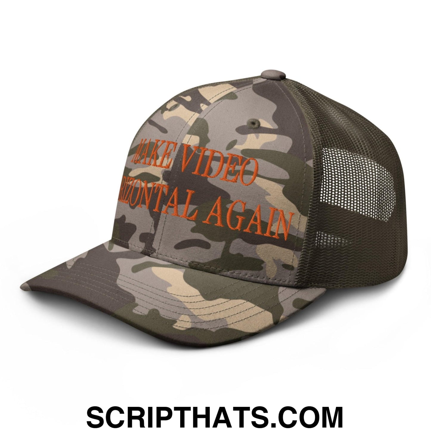 Make Video Horizontal Again Embroidered Orange Camo Trucker Hat Camo Olive