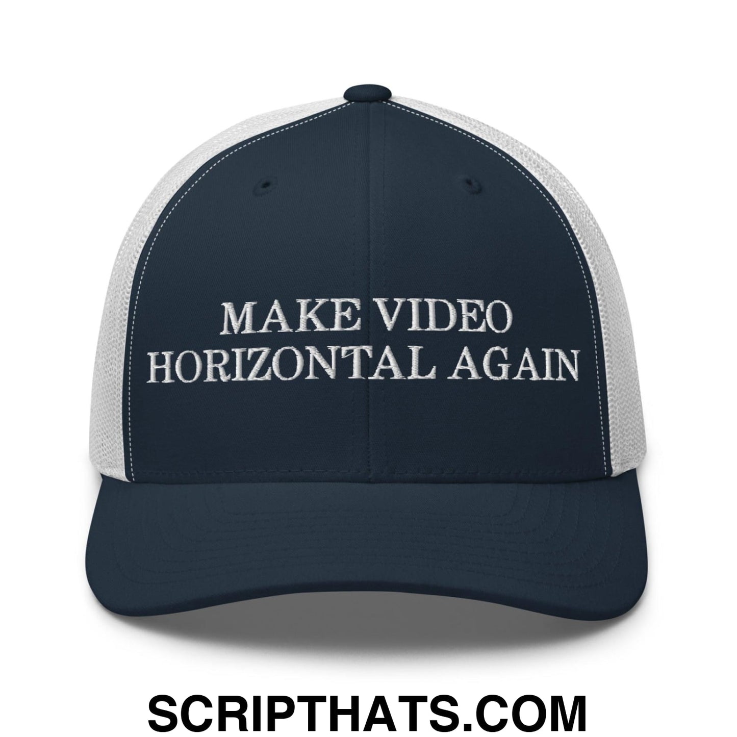 Make Video Horizontal Again Retro Trucker Hat Navy White