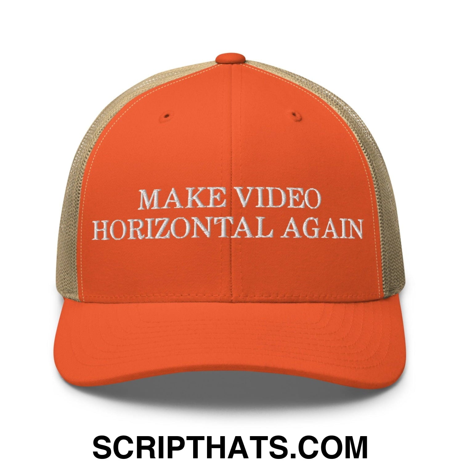 Make Video Horizontal Again Retro Trucker Hat Rustic Orange Khaki