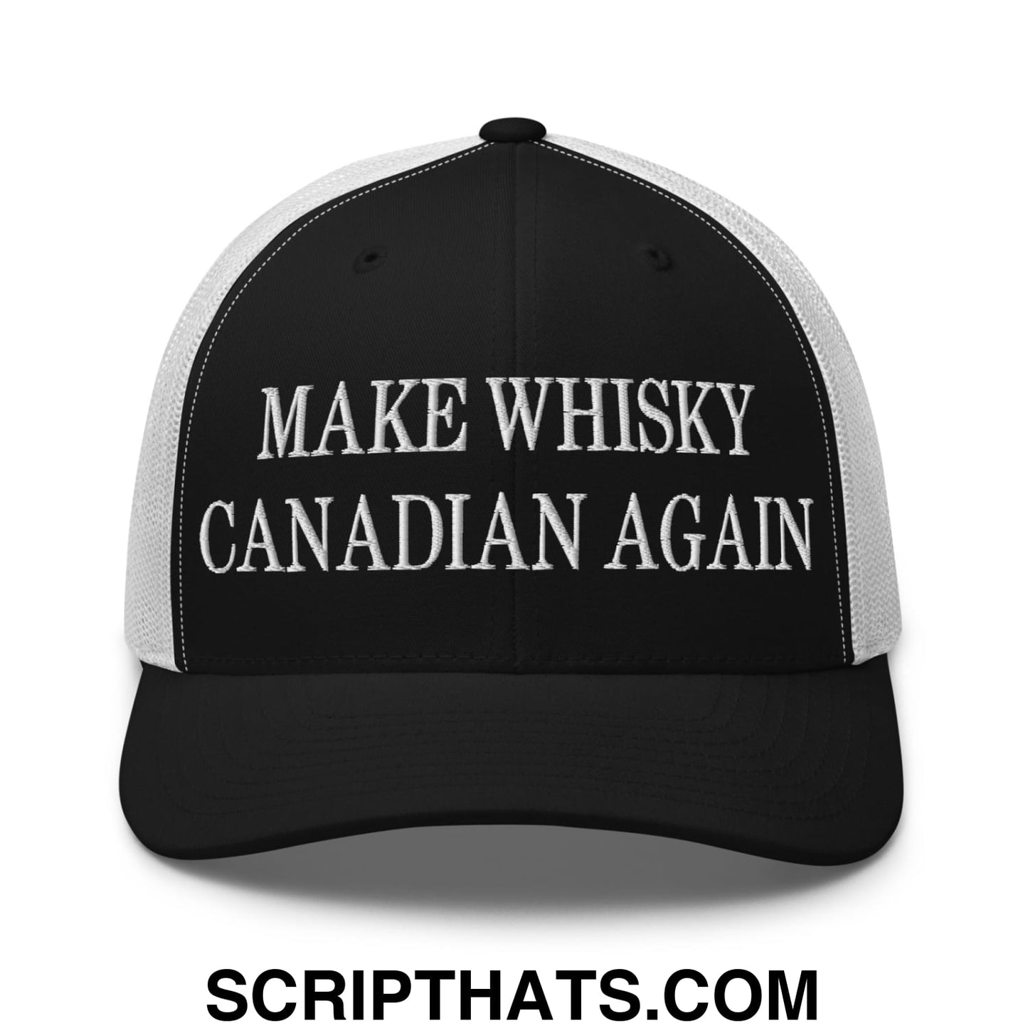 Make Whisky Canadian Again Embroidered Mesh Trucker Hat Black White
