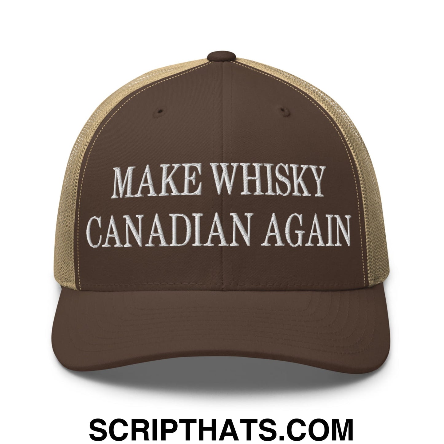 Make Whisky Canadian Again Embroidered Mesh Trucker Hat Brown Khaki