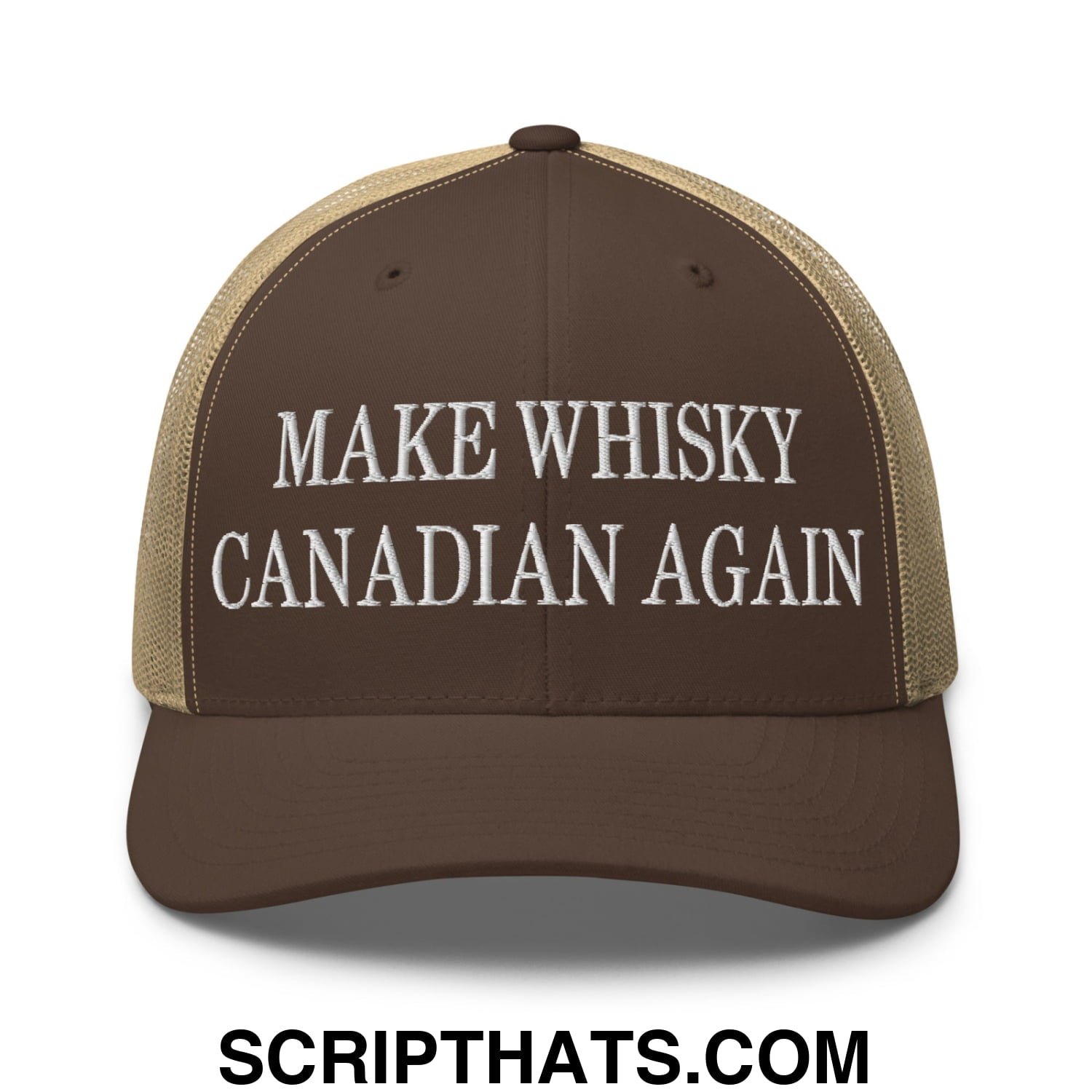 Make Whisky Canadian Again Embroidered Mesh Trucker Hat Brown Khaki