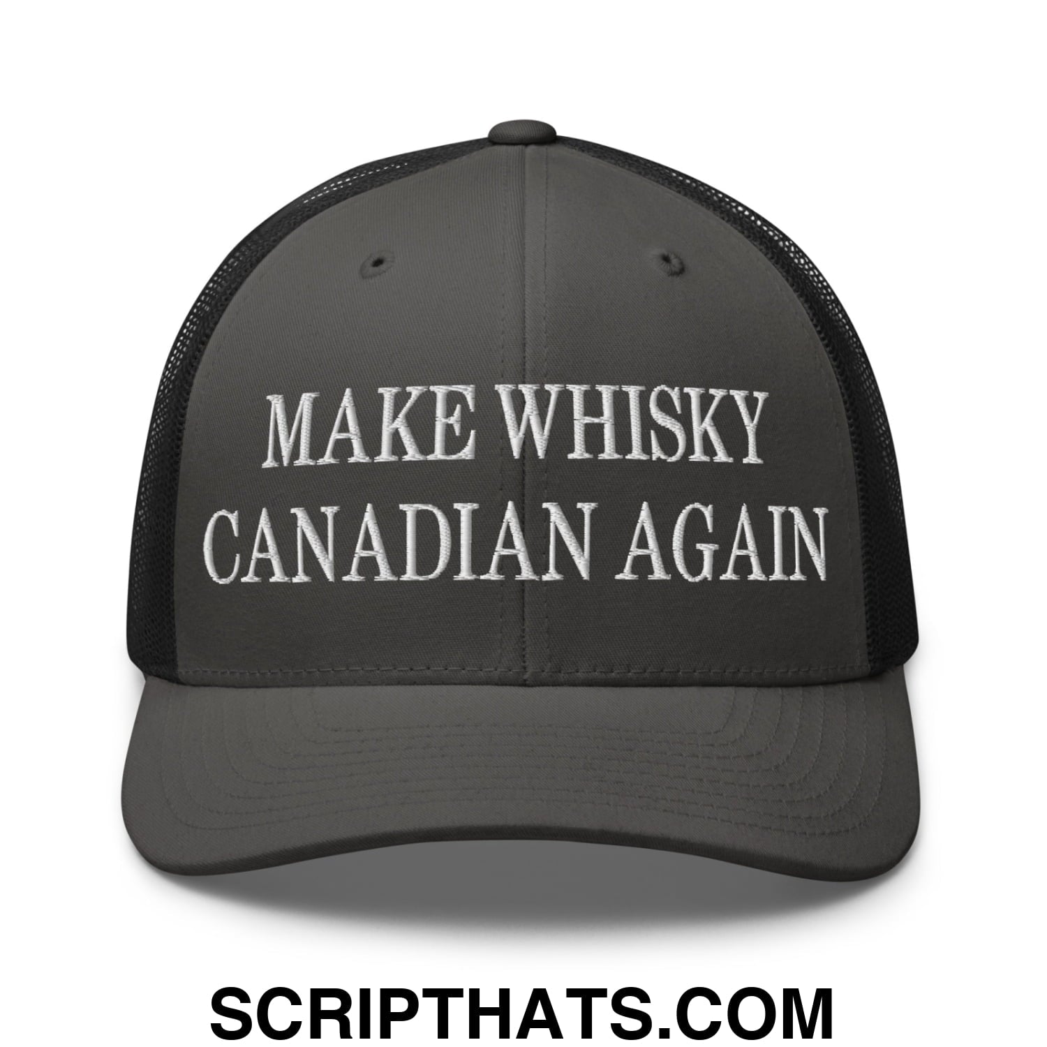 Make Whisky Canadian Again Embroidered Mesh Trucker Hat Charcoal Black
