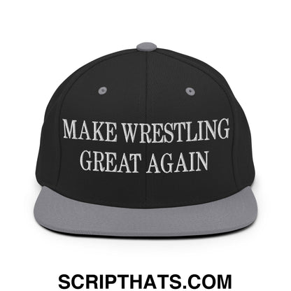 Make Wrestling Great Again Embroidered Flat Bill Brim Snapback Hat Black Silver
