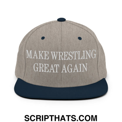 Make Wrestling Great Again Embroidered Flat Bill Brim Snapback Hat Heather Grey Navy