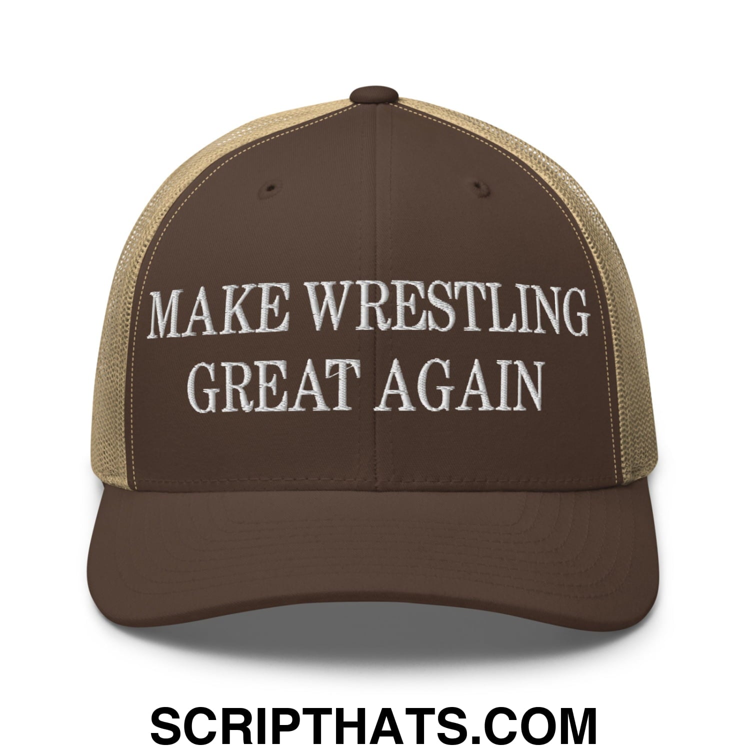 Make Wrestling Great Again Embroidered Mesh Trucker Hat Brown Khaki