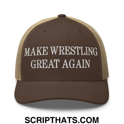 Make Wrestling Great Again Embroidered Mesh Trucker Hat Brown Khaki