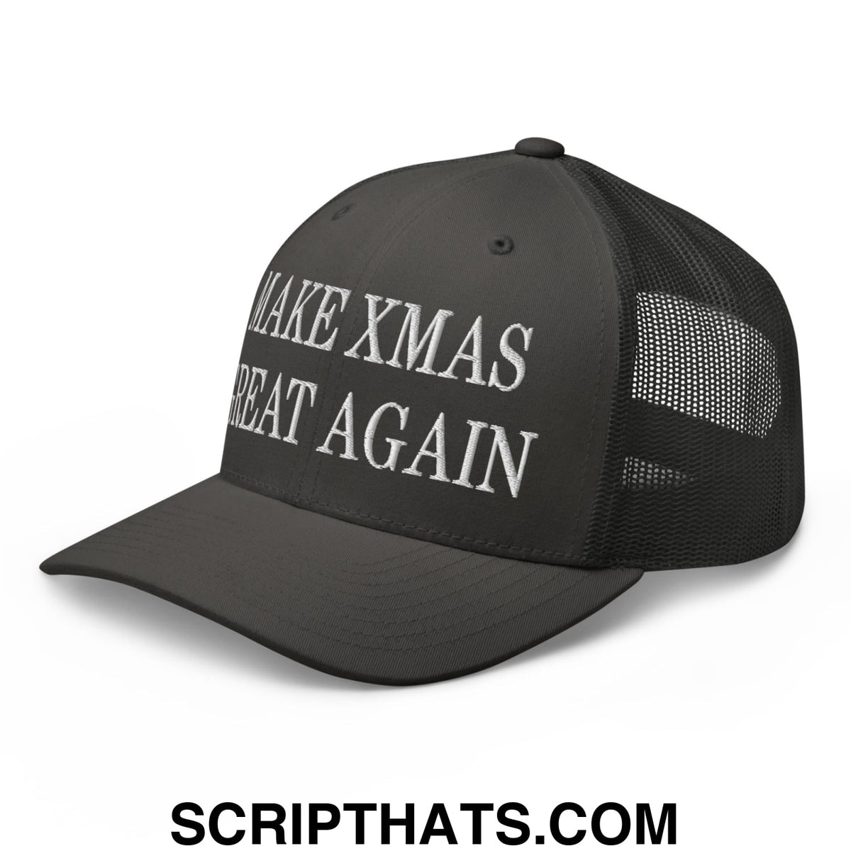 Black mesh trucker hat with white embroidered make xmas great again text on front for holiday wear