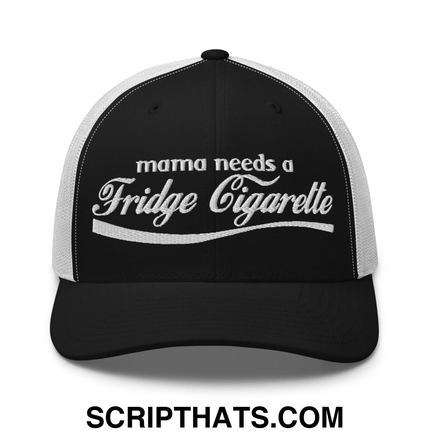 Mama Needs a Fridge Cigarette Embroidered Mesh Trucker Hat Black White