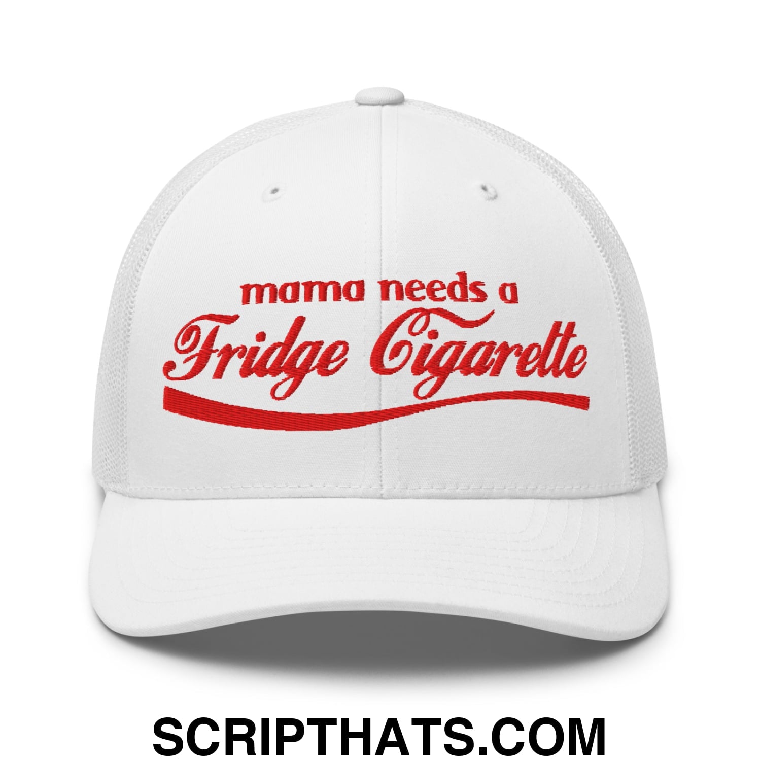 Mama Needs a Fridge Cigarette Embroidered Mesh Trucker Hat White