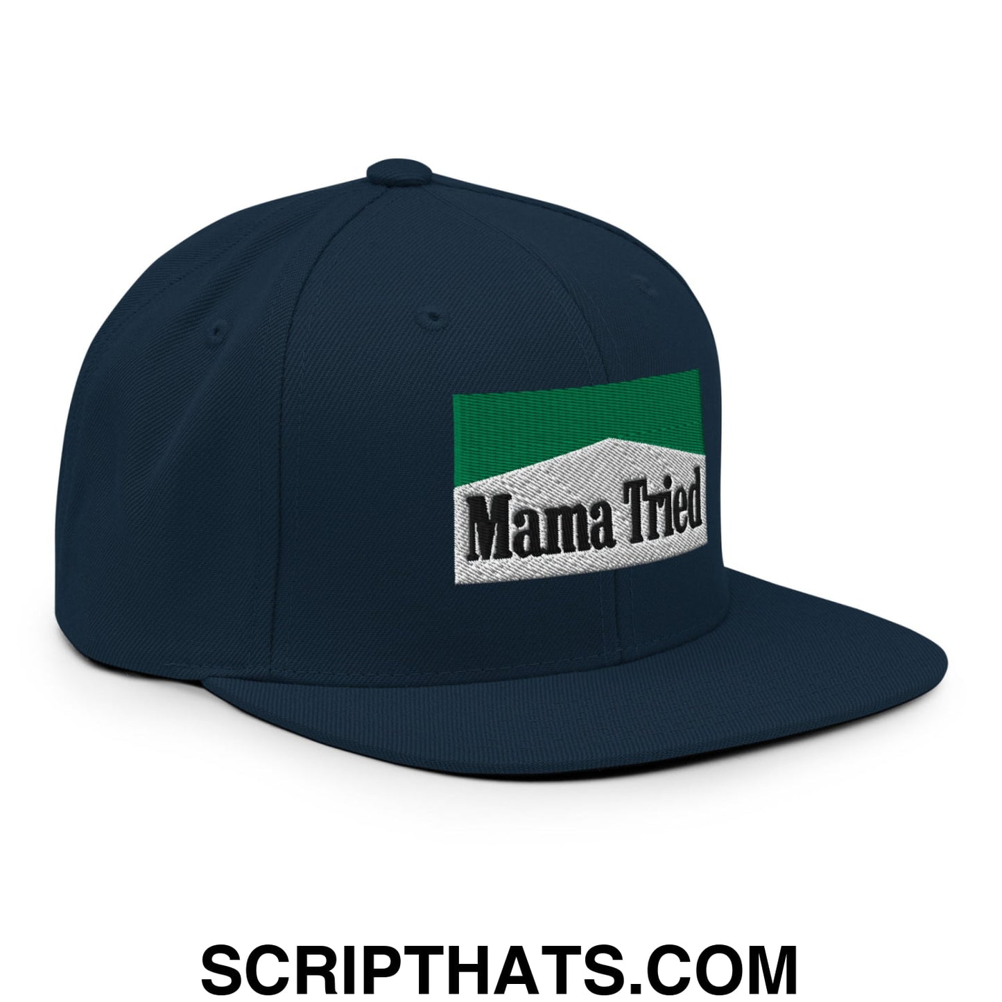 Mama Tried Cigarette Menthol Green Embroidered Flat Bill Brim Snapback Hat Dark Navy