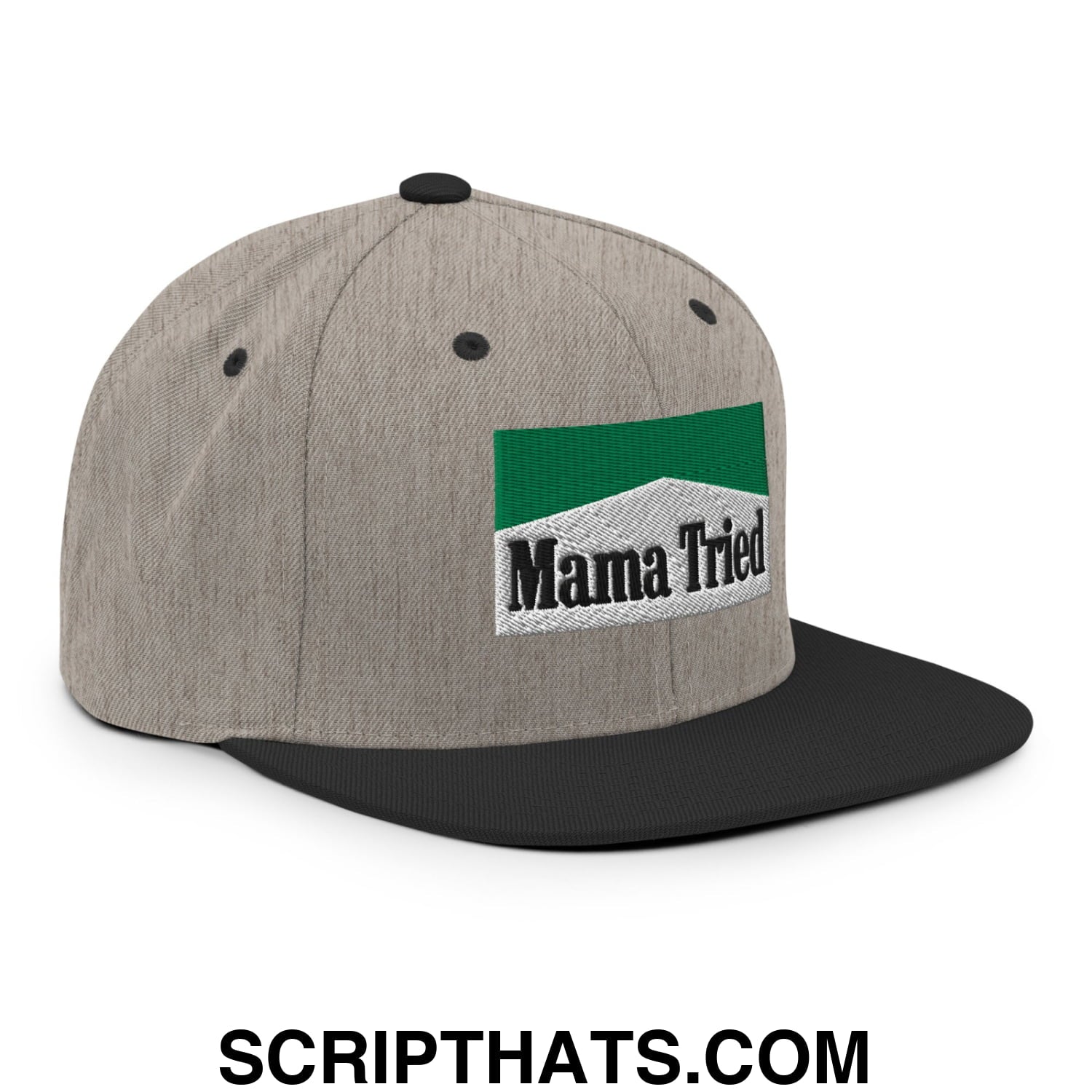 Mama Tried Cigarette Menthol Green Embroidered Flat Bill Brim Snapback Hat Heather Black