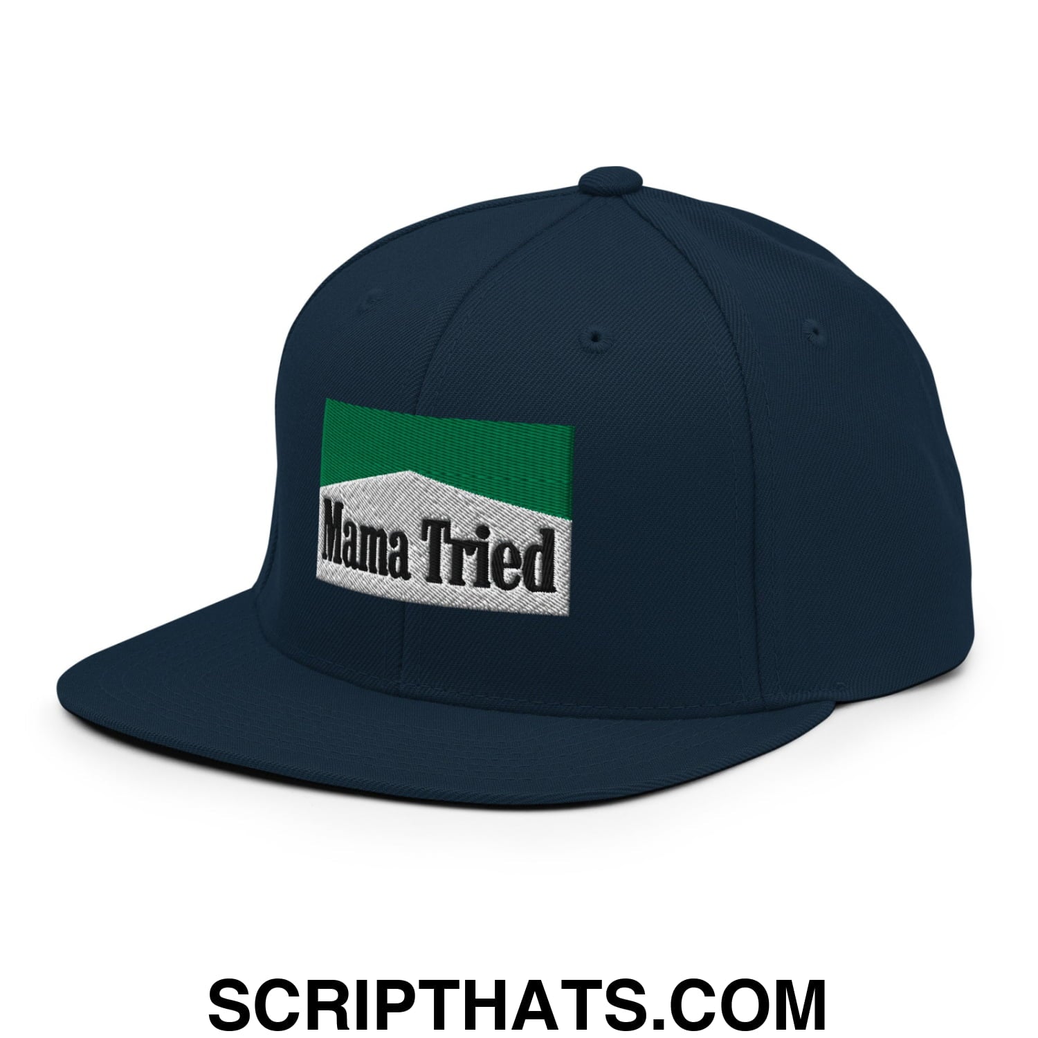Mama Tried Cigarette Menthol Green Embroidered Flat Bill Brim Snapback Hat Dark Navy