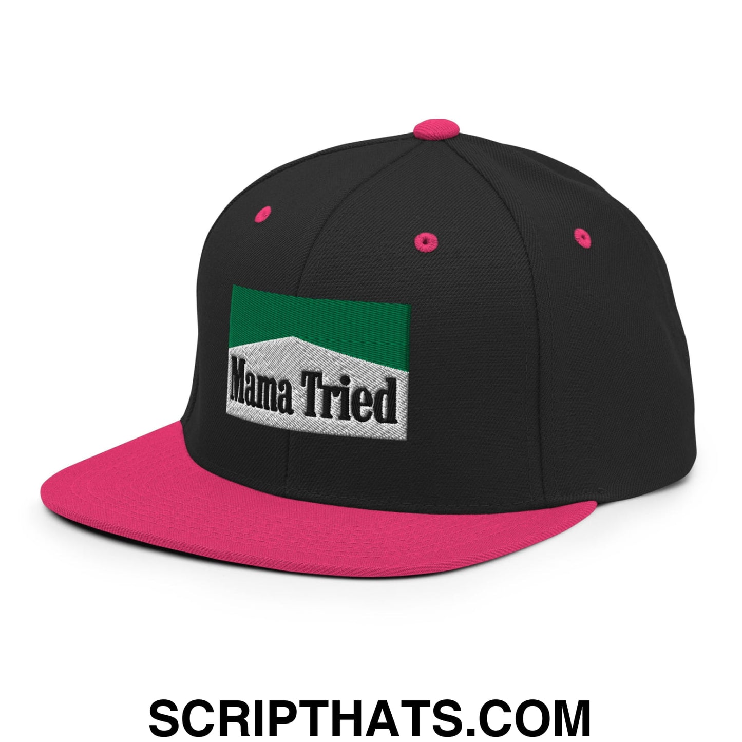 Mama Tried Cigarette Menthol Green Embroidered Flat Bill Brim Snapback Hat Black Neon Pink