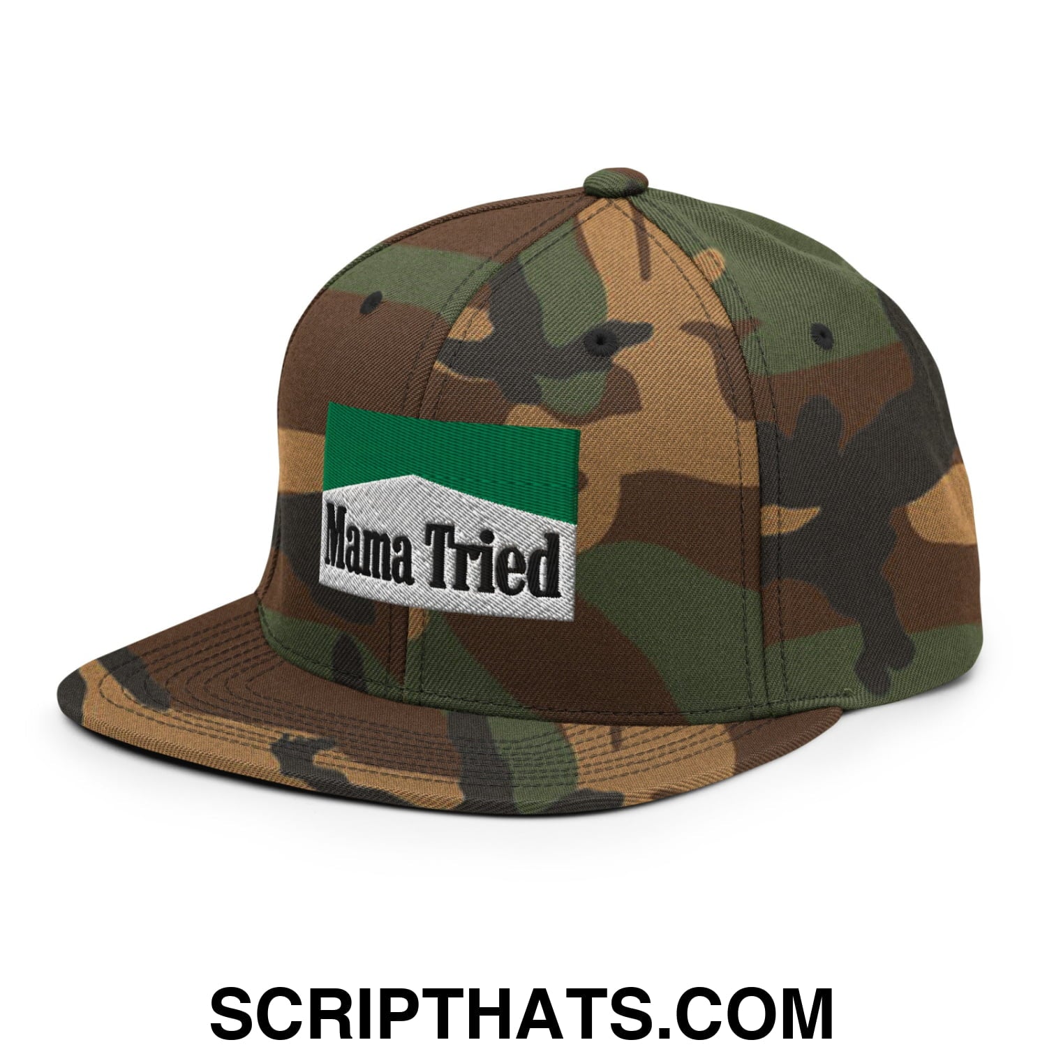 Mama Tried Cigarette Menthol Green Embroidered Flat Bill Brim Snapback Hat Green Camo