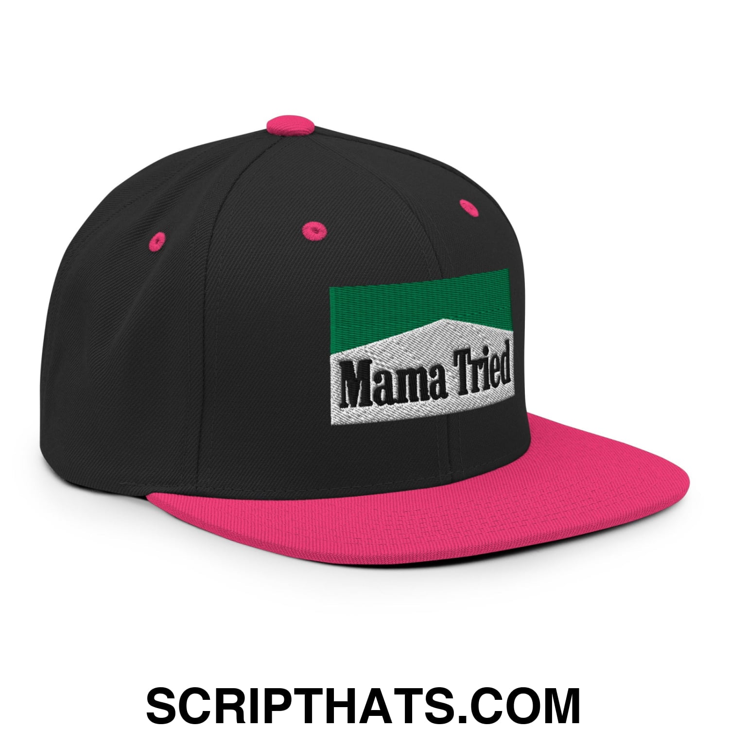 Mama Tried Cigarette Menthol Green Embroidered Flat Bill Brim Snapback Hat Black Neon Pink