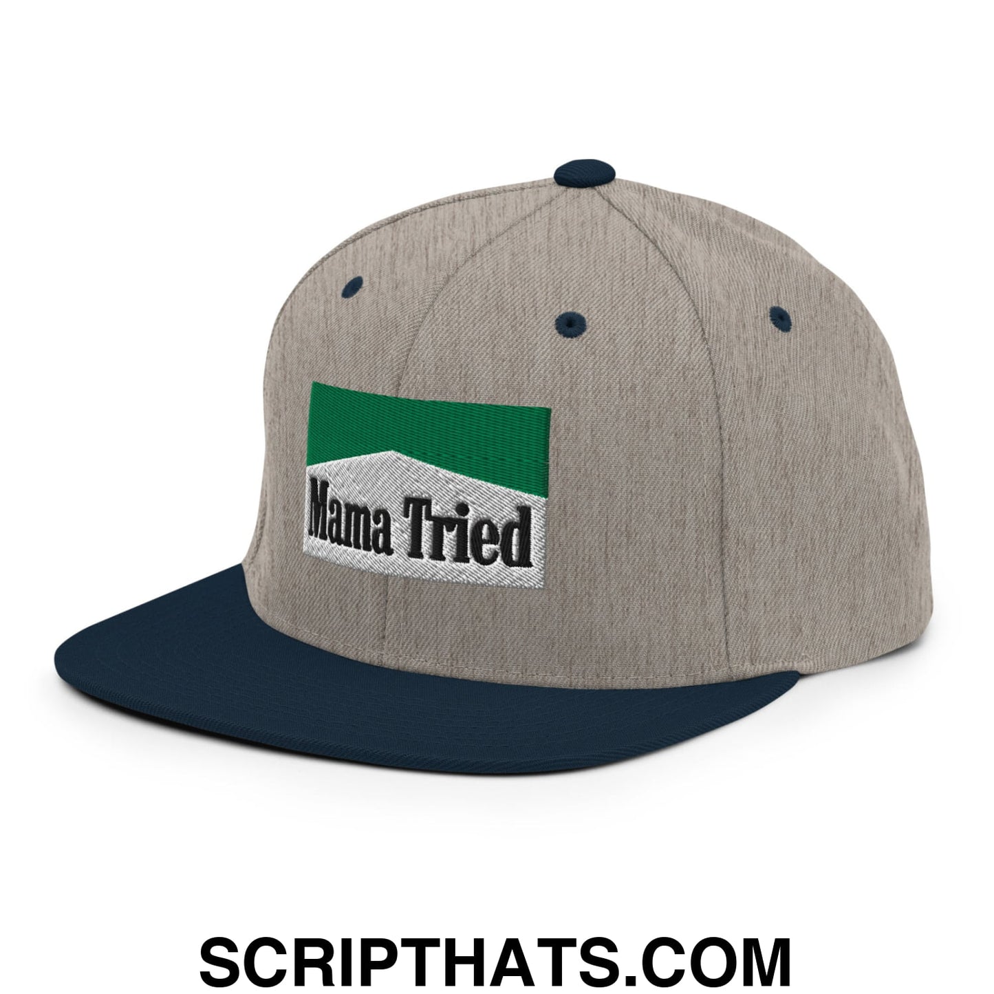 Mama Tried Cigarette Menthol Green Embroidered Flat Bill Brim Snapback Hat Heather Grey Navy