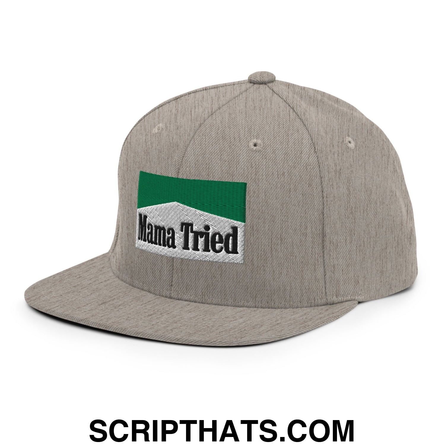 Mama Tried Cigarette Menthol Green Embroidered Flat Bill Brim Snapback Hat Heather Grey