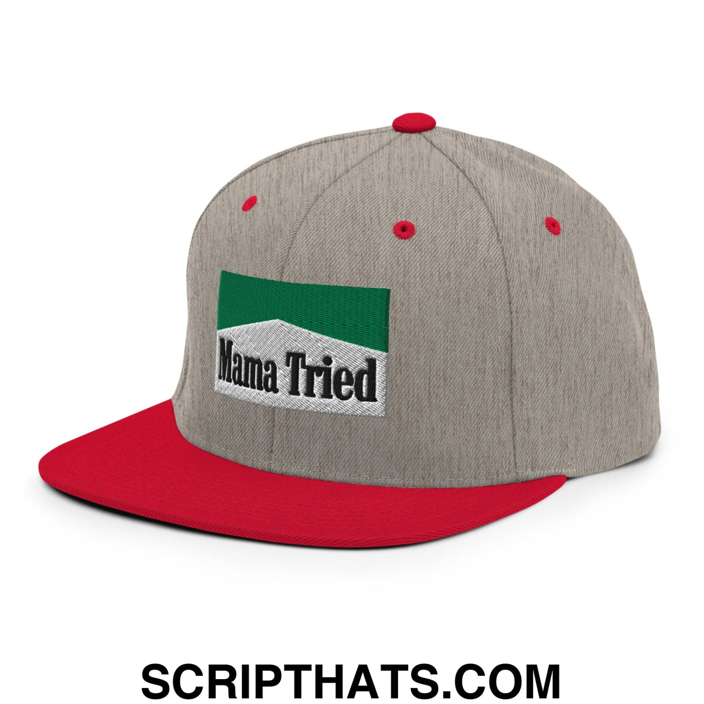 Mama Tried Cigarette Menthol Green Embroidered Flat Bill Brim Snapback Hat Heather Grey Red