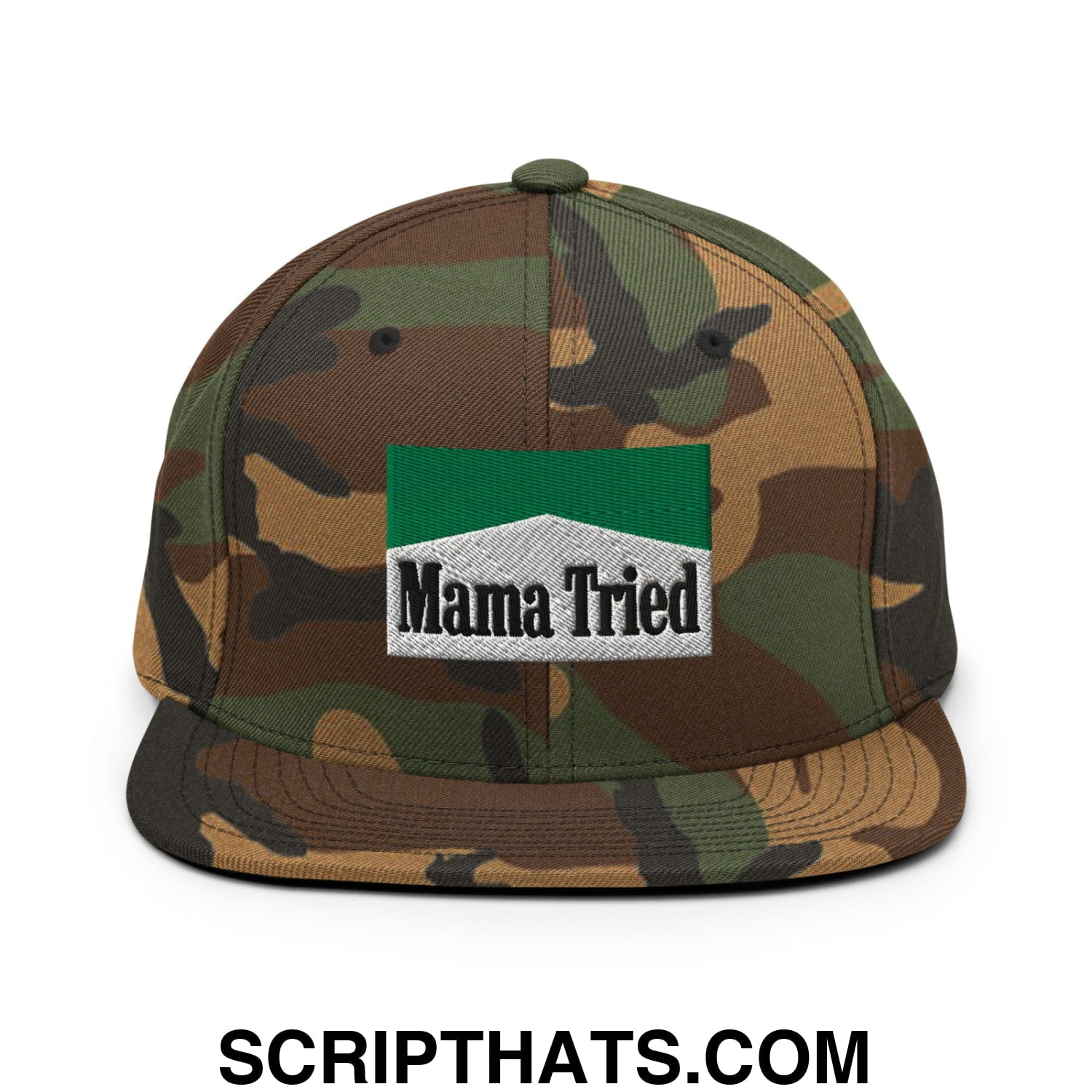 Mama Tried Cigarette Menthol Green Embroidered Flat Bill Brim Snapback Hat Green Camo