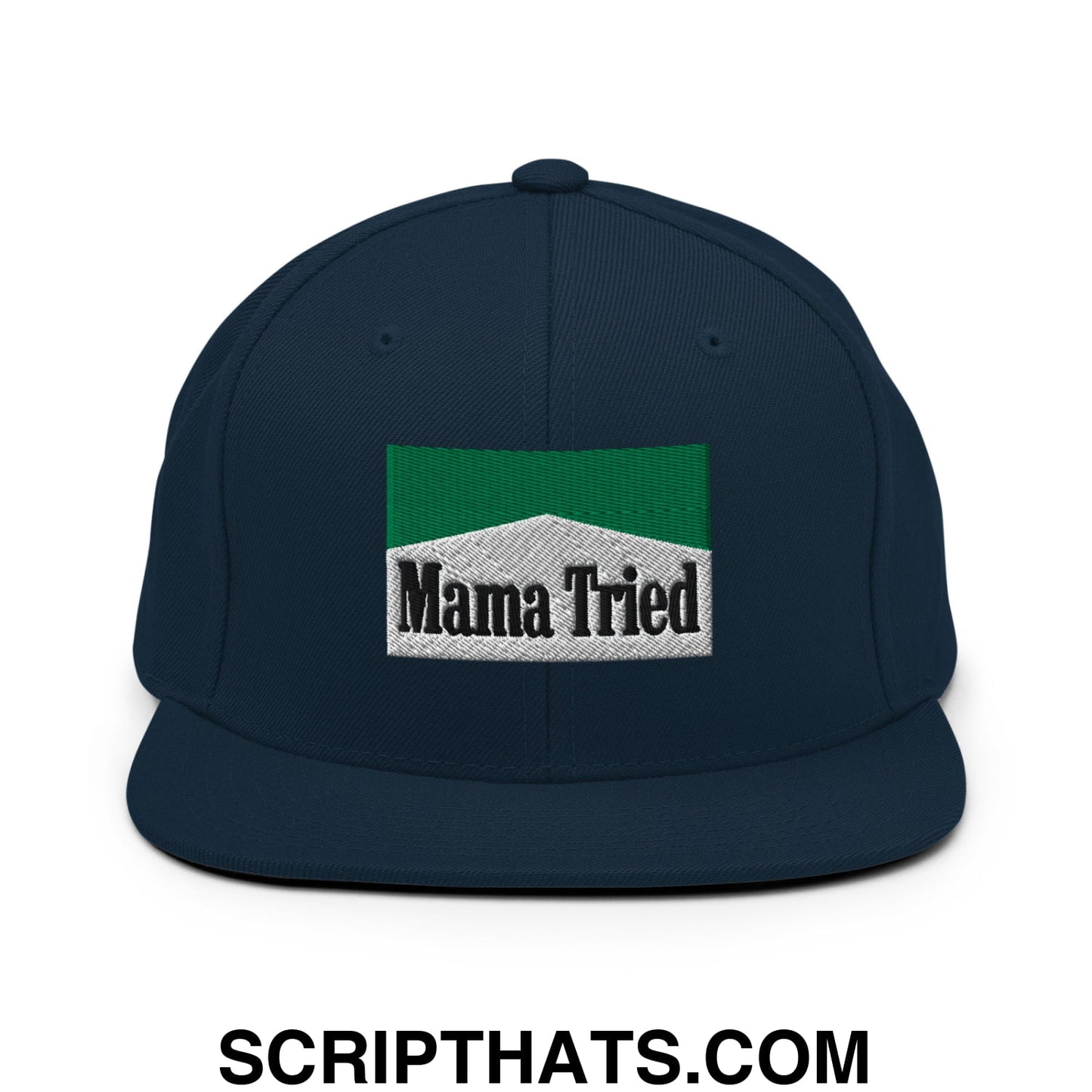 Mama Tried Cigarette Menthol Green Embroidered Flat Bill Brim Snapback Hat Dark Navy