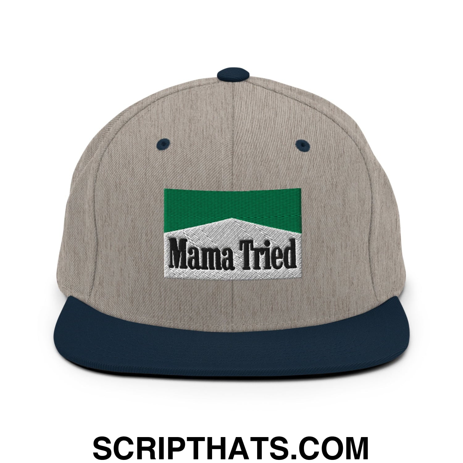 Mama Tried Cigarette Menthol Green Embroidered Flat Bill Brim Snapback Hat Heather Grey Navy