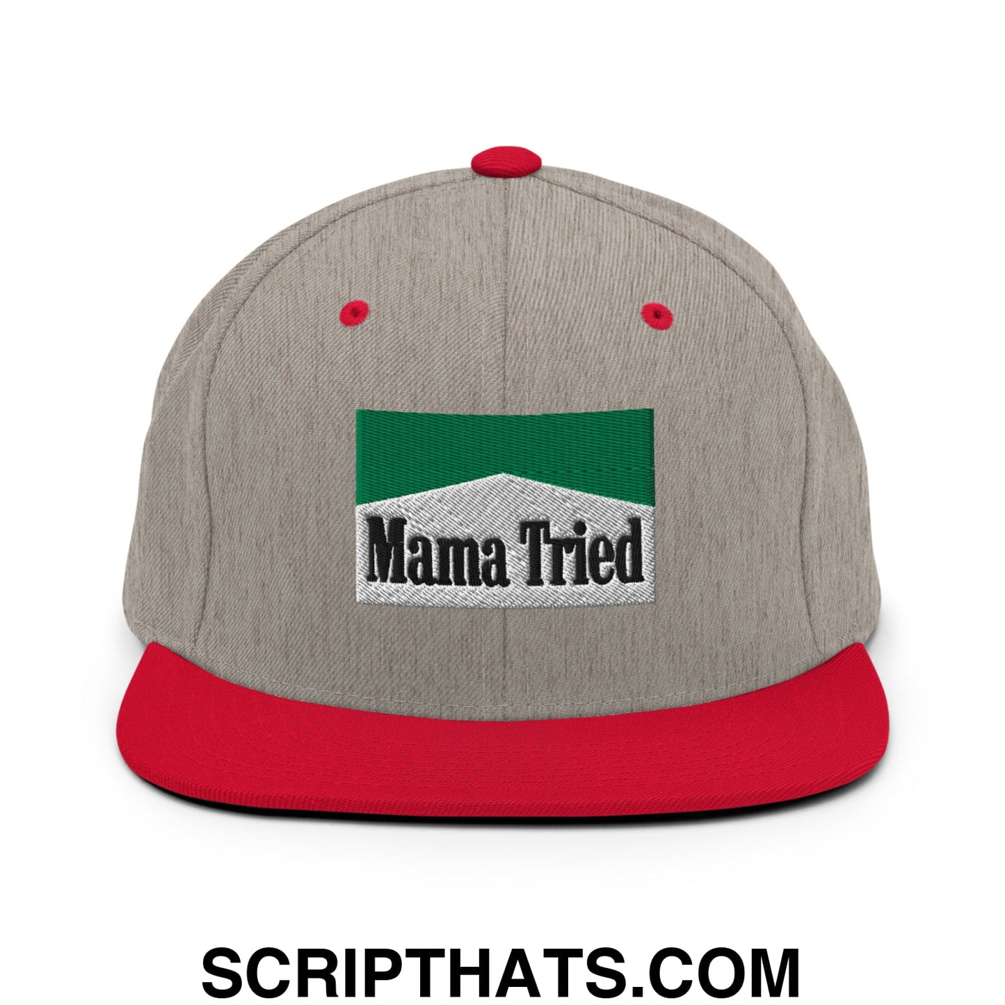 Mama Tried Cigarette Menthol Green Embroidered Flat Bill Brim Snapback Hat Heather Grey Red