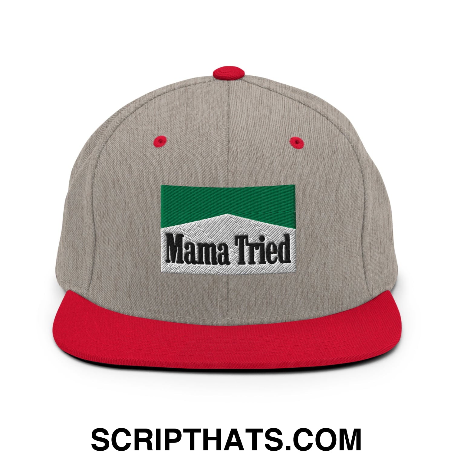 Mama Tried Cigarette Menthol Green Embroidered Flat Bill Brim Snapback Hat Heather Grey Red