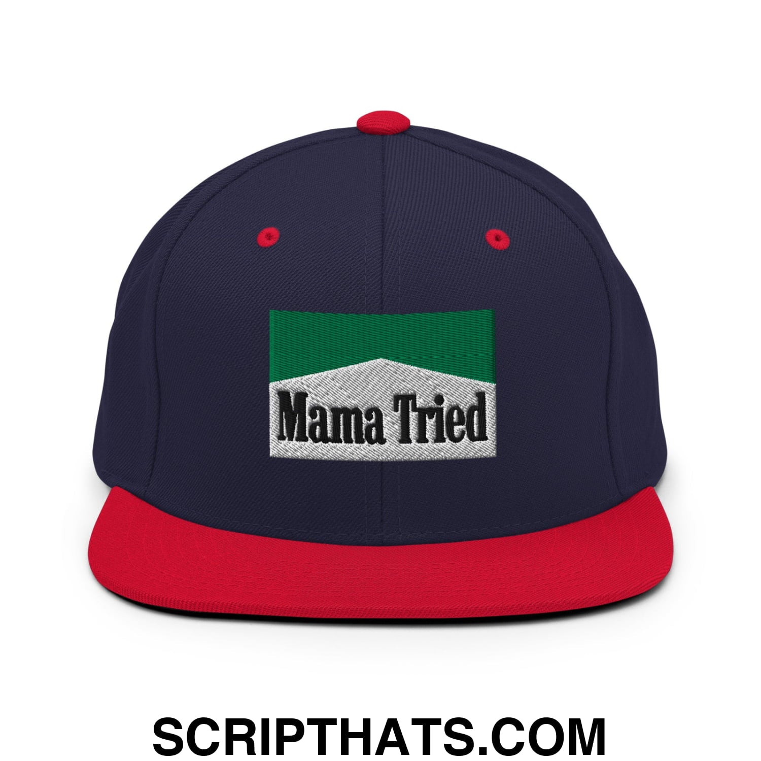 Mama Tried Cigarette Menthol Green Embroidered Flat Bill Brim Snapback Hat Navy Red