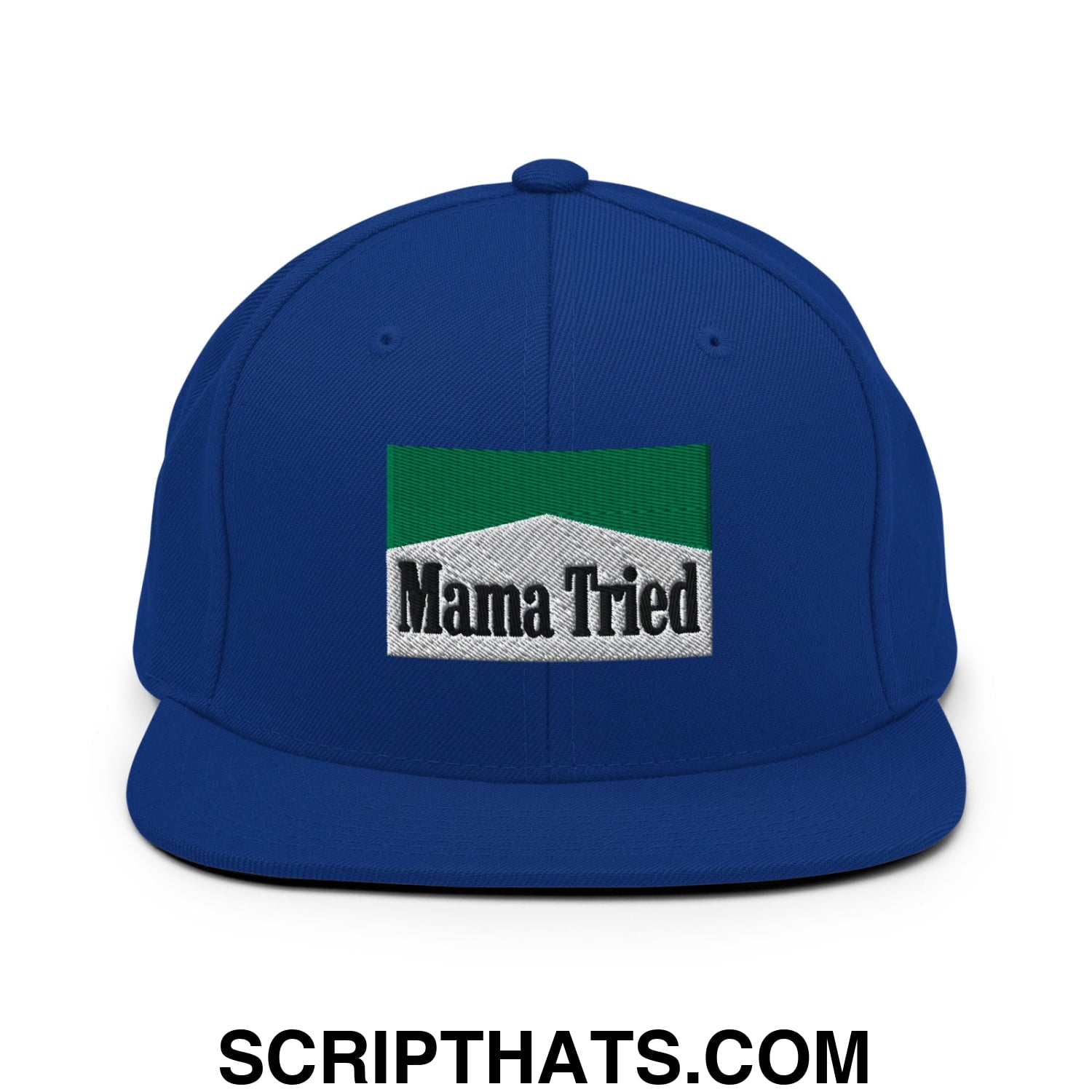 Mama Tried Cigarette Menthol Green Embroidered Flat Bill Brim Snapback Hat Royal Blue