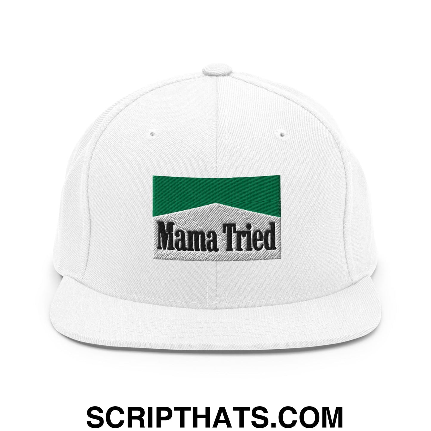 Mama Tried Cigarette Menthol Green Embroidered Flat Bill Brim Snapback Hat White