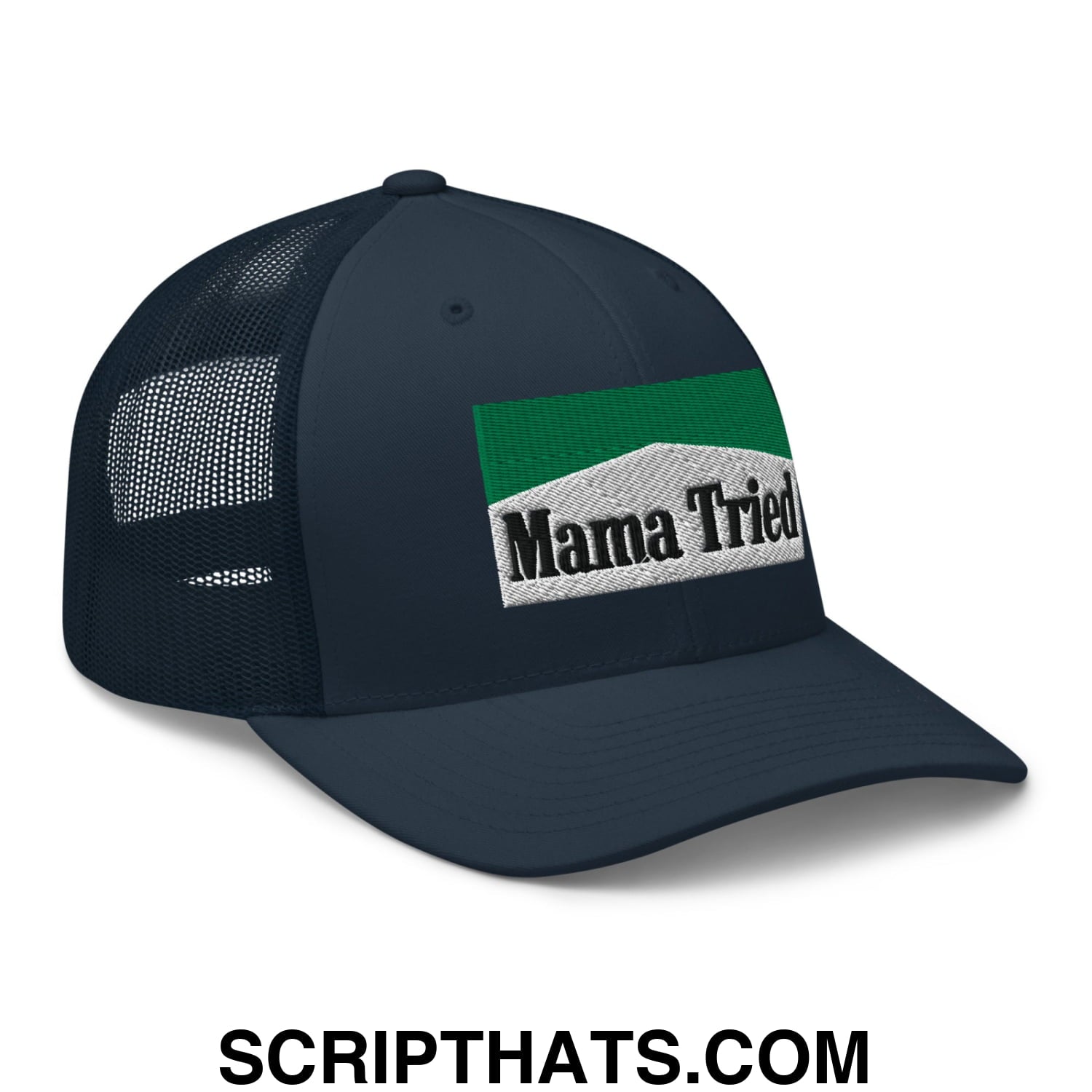 Mama Tried Cigarette Menthol Green Embroidered Mesh Trucker Hat Navy